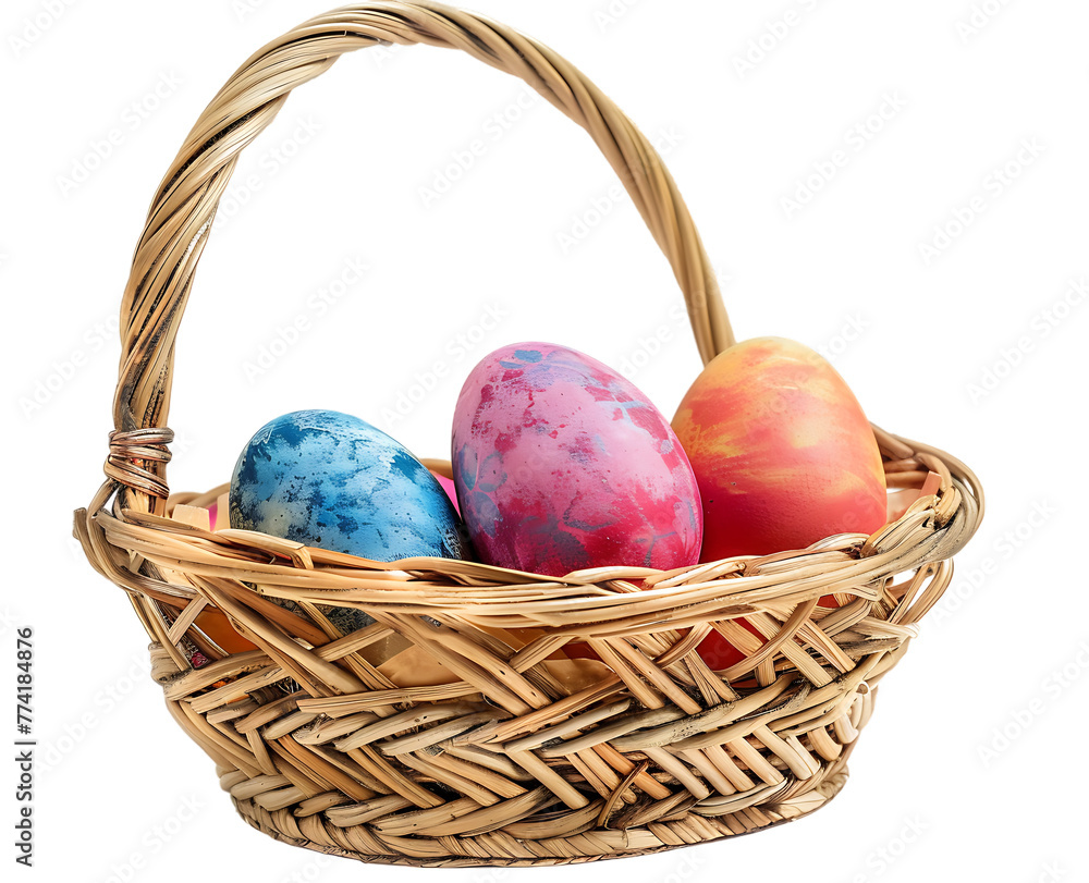 Easter eggs in a basket isolated on a white background, detailed photo Easter eggs in a basket isolated on a white background, detailed photo