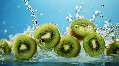 Morceaux de fruits, kiwi sur un fond bleu avec éclaboussure d'eau. Fruit, sain, délicieux, sucré. Jus de fruit, dessert. Pour conception et création graphique.  photo