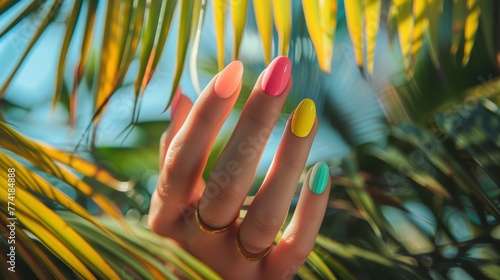 close-up of a woman's hand with a multi-colored manicure on the background of a palm tree, summer manicure