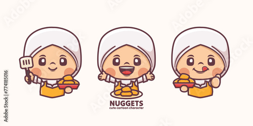 cute muslim woman cartoon mascot with nuggets