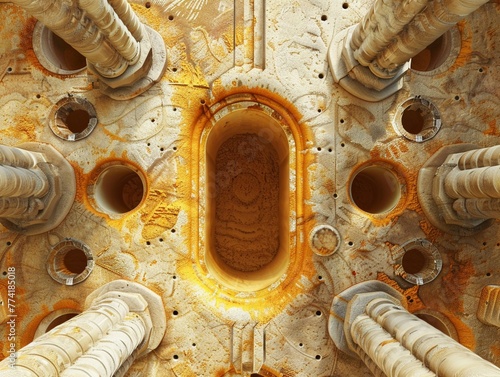 Crypts of Lieberk  hn with Paneth cells, top view, soft orange and yellow niche, detailed architecture, clear action photo
