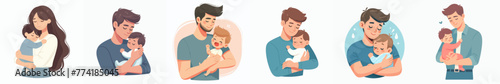 vector set of illustrations of a father and mother are holding a baby