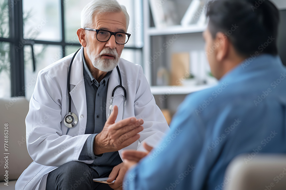 Fototapeta premium Senior doctor with a stethoscope giving medical advice to a male patient during a consultation in a clinic office. Generative AI