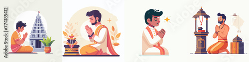 vector set of illustrations of Hindu man praying