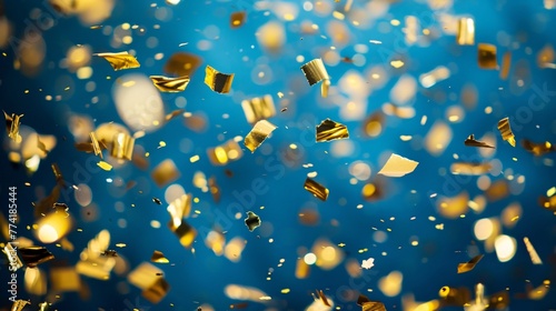 Golden confetti on blue background. Flying sparkles. Festival and birthday party concept
