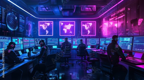 Cybersecurity warriors analyzing CTEM dashboards, neon-lit control room, high-tech ambiance --ar 16:9