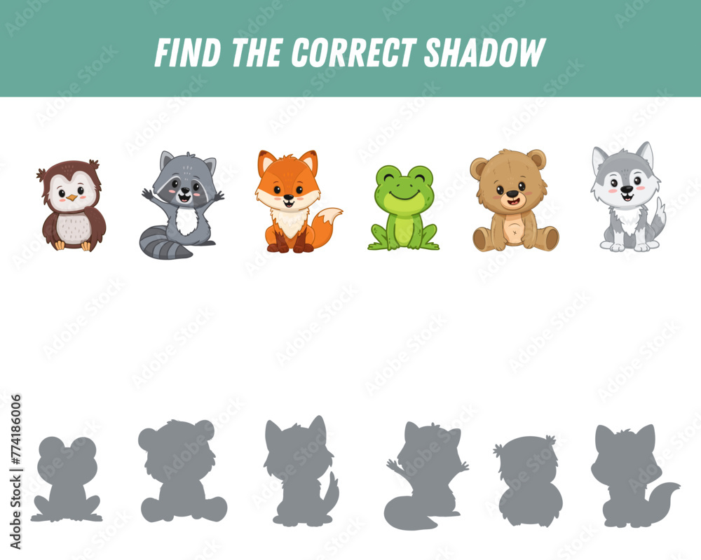 Find correct shadow of cute forest animals. Teddy bear, owl, raccoon, fox, frog, wolf. Educational logical game for kids. Cartoon animals. Vector
Find correct shadow of cute forest animals. Teddy bear, owl, raccoon, fox, frog, wolf. Educational logical game for kids. Cartoon animals. Vector