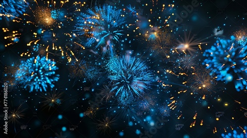 Abstract colored festive firework background in the night sky. Firecrackers and sparks isolated on blue background.
