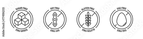 Allergen free products. Products warning symbols. Gluten free, soy free,sugar free, fat free, lactose free.