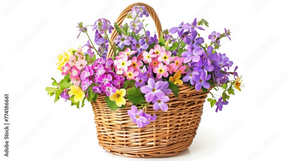 Beautiful flowers in a basket isolated on white. Beautiful flowers in a basket isolated Beautiful flowers in a basket isolated on white. Beautiful flowers in a basket isolated