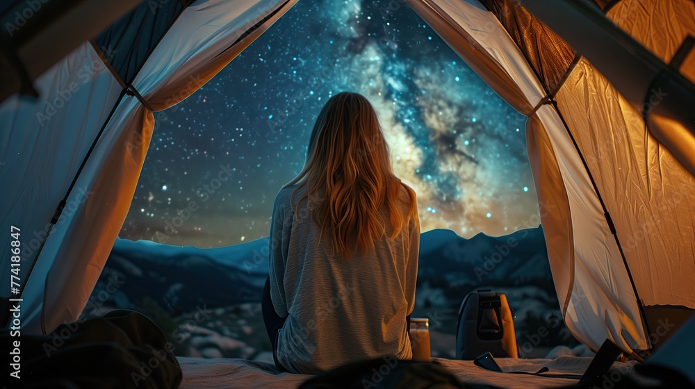 Close-up of a beautiful woman sitting with her back in a tent inside a comfortable tent with a door that opens under a starry sky with the Milky Way. Realistic. - obrazy, fototapety, plakaty 