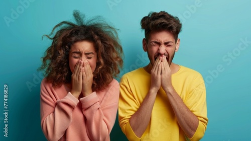 Couple sneezes together in studio on black background photo