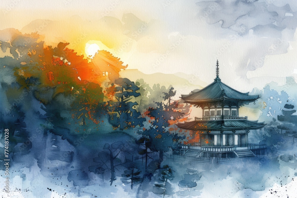Obraz premium A tranquil watercolor banner depicting a Buddhist temple at sunrise, radiating peace and mindfulness