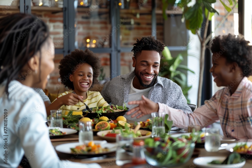 Family Dinner: A family gathered around the dinner table, sharing a meal together. AI generative