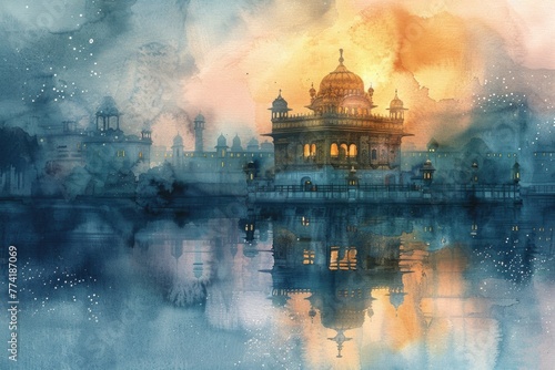 An atmospheric watercolor banner of a Sikh Gurdwara at dawn, reflecting spirituality and the sacred photo