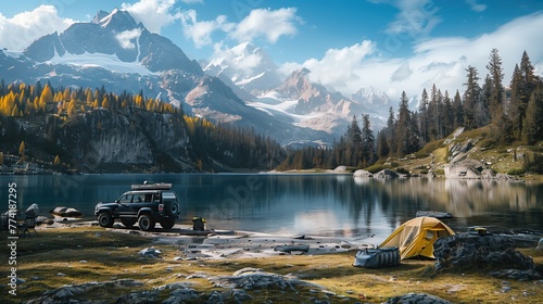 Camping, with blue skies, sunshine and a vast, clean lake. One off-road vehicle on the grass Surrounded by camping tent equipment Behind is a high mountain. beautiful scenery