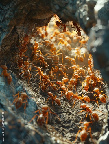 A colony of industrious ants constructing intricate tunnels, working in perfect unison Highlight their teamwork and dedication © KN Studio