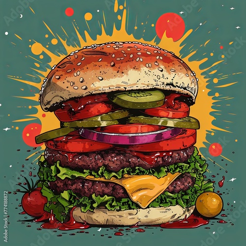 A towering stacked burger with cheese oozing down the sides, surrounded by flying ingredients like lettuce and tomatoes in the style of pop art. Generative AI