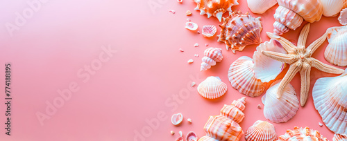 sea shells and starfish on a pink banner background. Summer Vacation, travel, holidays concept. Copy space. Top view. Marine theme background. Peachy shells on light pink background