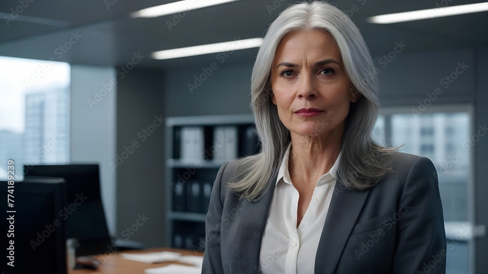 experienced elderly executive business woman with long grey hair and formal clothing stand in office. experienced elderly executive business woman with long grey hair and formal clothing stand in office.