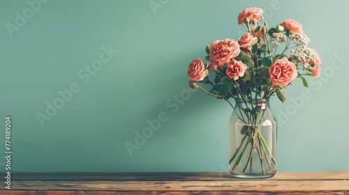 Wooden table with glass vase with bouquet of roses flowers near empty, blank turquoise wall. Home interior background with copy space.