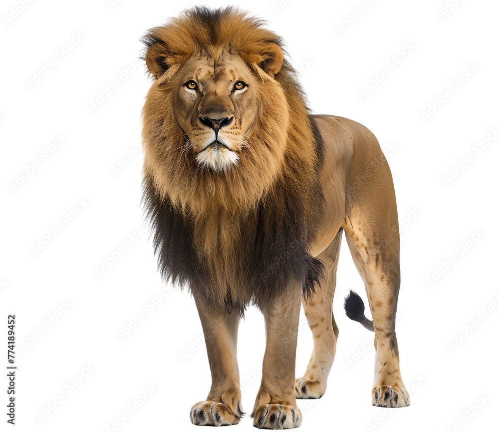 A majestic lion standing tall, full body shot, isolated on white background 