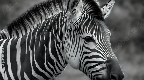 A close-up monochrome portrait of a zebra  showcasing its distinctive stripes and mane  with a focus on its eye and facial details