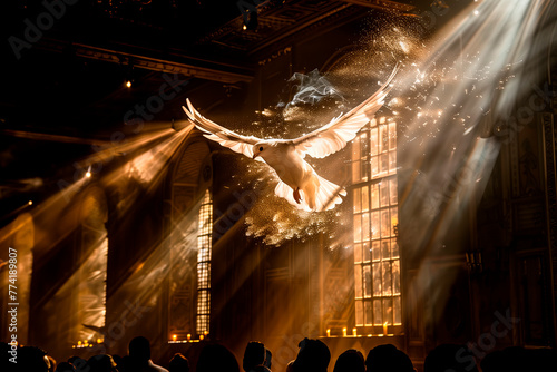 A illustration of a white dove flying, symbolising the Holy Spirit and Pentecost. Many people have gathered together.
