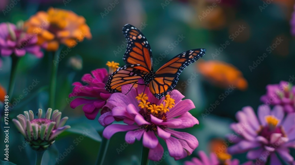 Obraz premium Monarch butterfly, Danaus plexippus, wanderer, common tiger, on deep pink, purple flower, zinnia in a backyard garden