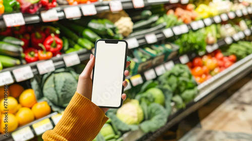 Woman doing grocery shopping at the supermarket, she is purchasing items with a smartphone: augmented reality and commerce, online shopping, food delivery concept. Blank screen mock up