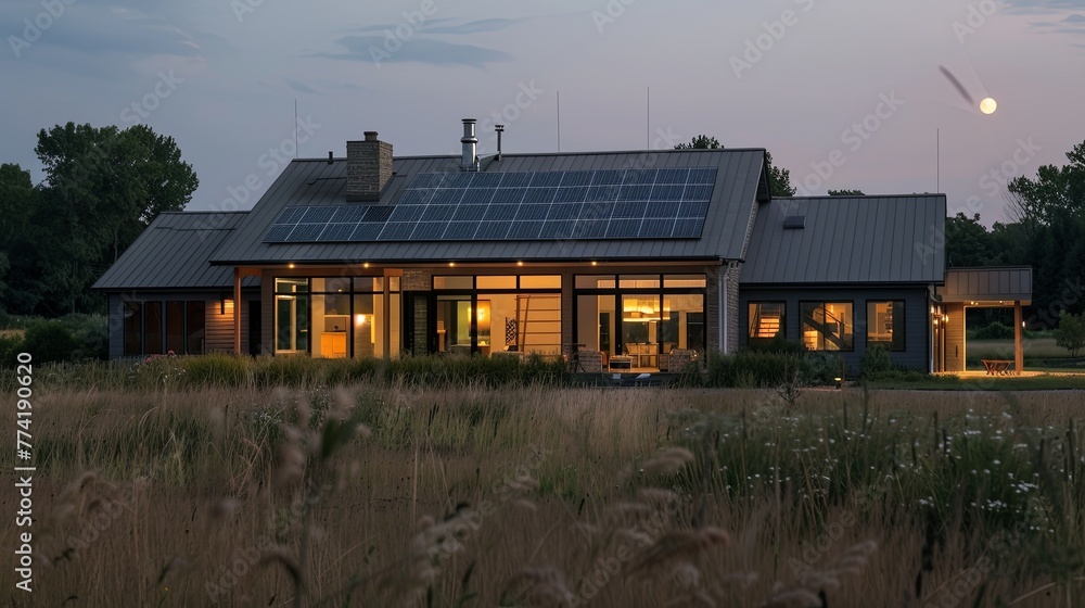 A family's sustainable home at dusk, softly lit by energy-efficient LED lights powered by home-installed solar panels, showcasing the practical, everyday applications of solar energy in residential se