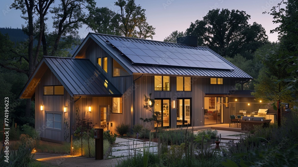 A family's sustainable home at dusk, softly lit by energy-efficient LED lights powered by home-installed solar panels, showcasing the practical, everyday applications of solar energy in residential se