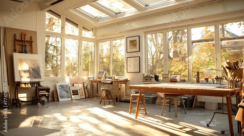 An artist's studio, naturally lit by skylights and powered by discreetly installed solar panels, highlighting the role of renewable energy in supporting creative endeavors, in the warm, ambient light  photo