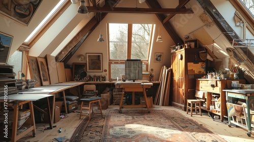 An artist's studio, naturally lit by skylights and powered by discreetly installed solar panels, highlighting the role of renewable energy in supporting creative endeavors, in the warm, ambient light 