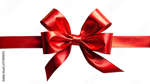 Realistic Shiny Satin Red Bow and Ribbon Placed on Corner of Paper