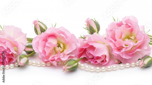 Pink eustoma flowers and pearls border isolated on white background photo