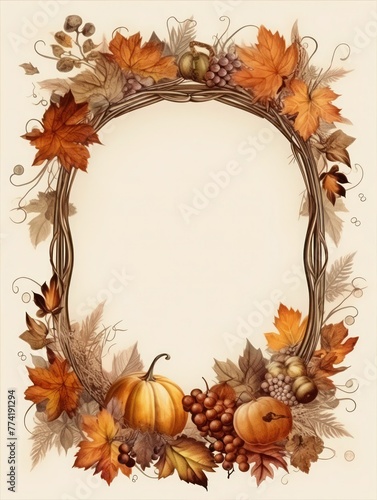 Autumn atmospheric vintage frame with pumpkins and ripe grape, copy space, vertical image. © junky_jess