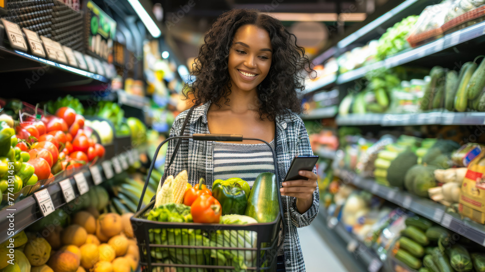 Beautiful smiling afro-american young woman looking shopping list on mobile phone while buying fresh vegetables in the market. Customer using app for shopping choice of food. Website, retail