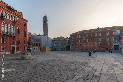 Campo San Anzolo square and the bell tower of the Stanto Stefano Church on a sunny winter evening, Venice, Veneto, Italy