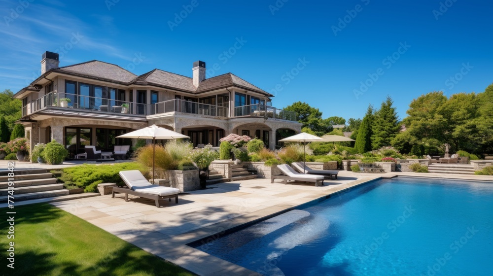 Fototapeta premium Mediterranean inspired villa with a sprawling garden and a private beach access in the exclusive Hamptons, New York