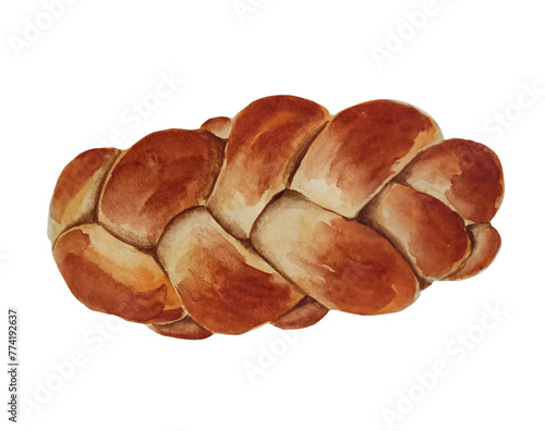Watercolor braided bread bun icon. Confectionery with poppy seeds. Fresh tasty bun. Sweet loaf. Hala bread.