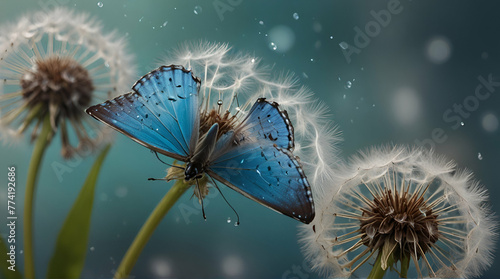 Natural pastel background. Morpho butterfly and dandelion. Seeds of a dandelion flower in drops of water on a background of sunrise.generative.ai
