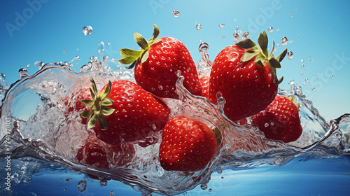 Morceaux de fruits, fraise sur un fond bleu avec éclaboussure d'eau. Fruit, sain, délicieux, sucré. Jus de fruit, dessert. Pour conception et création graphique.  photo