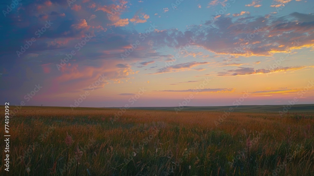 A days end on the prairie the vast sky a spectacle of color