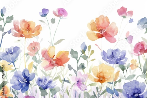 Colorful watercolor floral field in bloom - A bright and cheerful watercolor painting capturing a field of various colorful flowers, symbolizing growth and vitality