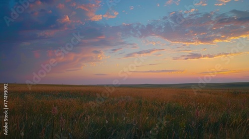 A days end on the prairie the vast sky a spectacle of color
