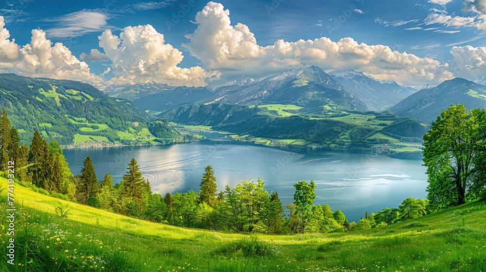 Fototapeta premium View over Zeller See lake. Zell Am See, Austria, Europe. Beautiful green meadows and pines at foreground, Alps at background