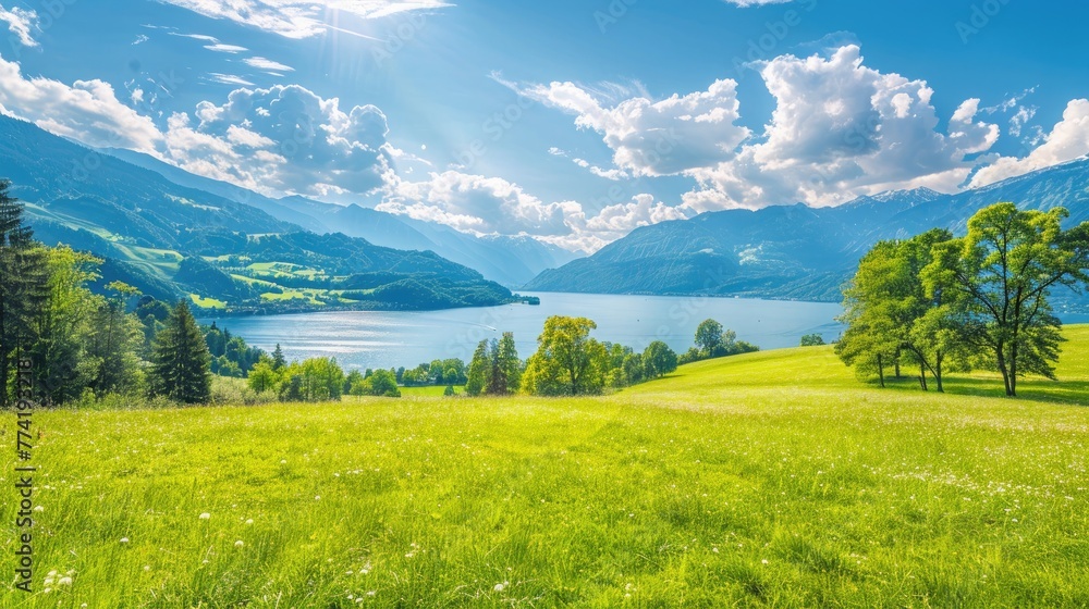 View over Zeller See lake. Zell Am See, Austria, Europe. Beautiful green meadows and pines at foreground, Alps at background
