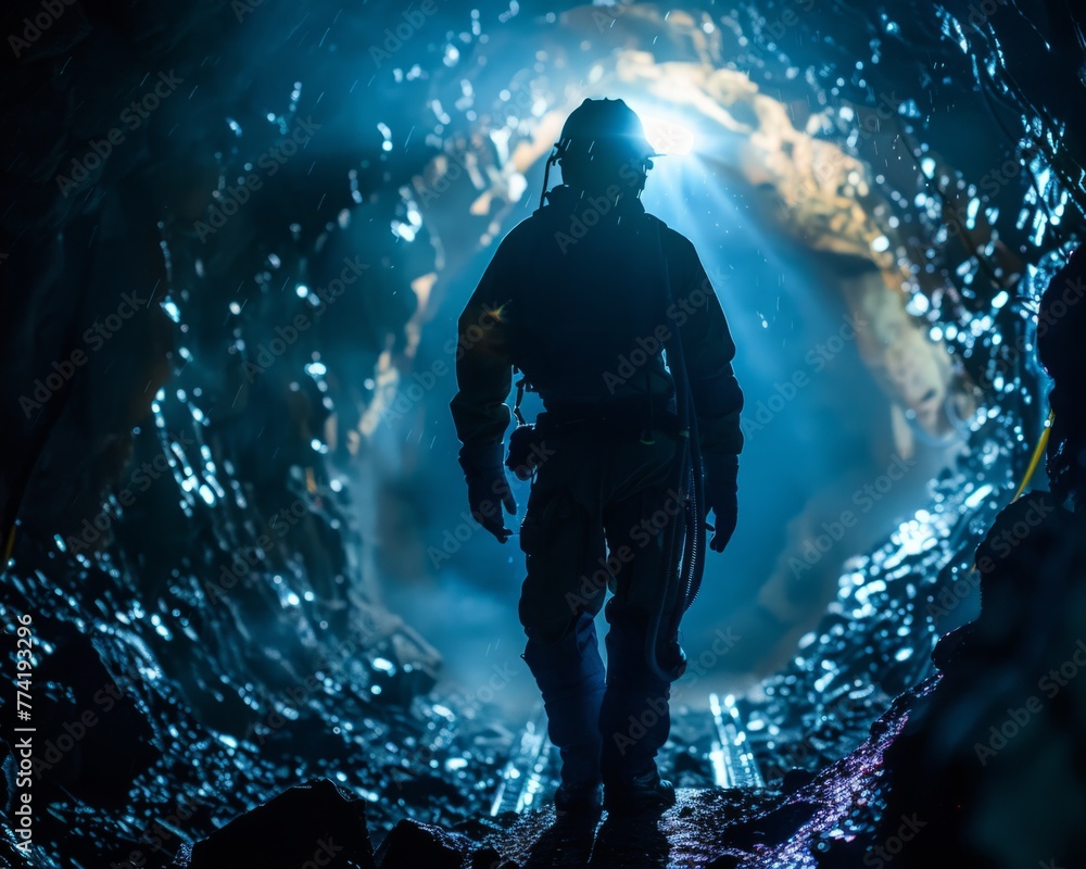 Cave explorer shined by natural light - A lone explorer in caving gear illuminated by a stunning light beam inside a dark cave
