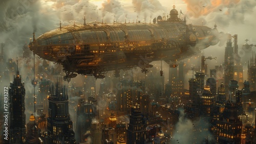 Steampunk airship flying over futuristic city - A grand steampunk-inspired airship floats over a bustling, skyscraper-filled cityscape under a dramatic sky reflecting industrial and futuristic aesthet photo